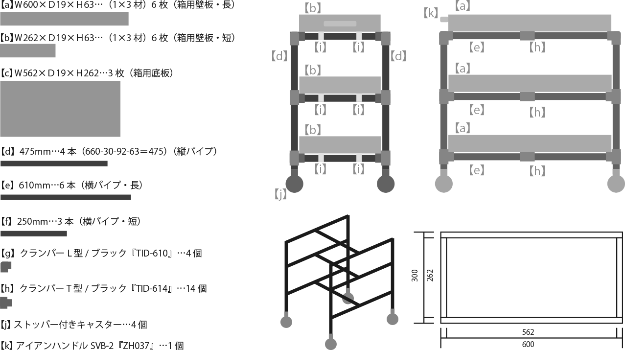 メタル配管パイプでつくるキャスター付きツールワゴン 設計図